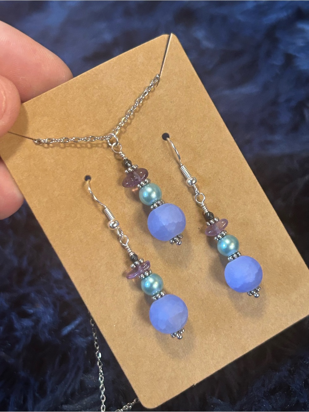 Handcrafted periwinkle crackle glass amethyst chip necklace and earring set